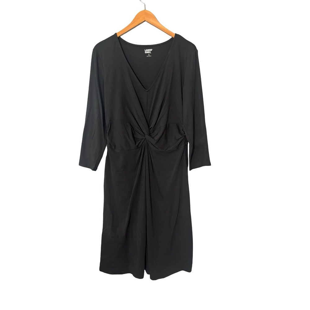 Lands' End Twist Front V-Neck Dress Size M Black Cotton Modal Stretch